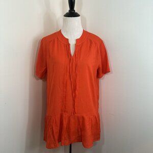THML Blouse Top Size M Summer Orange Pintuck Peplum Mandarin Collar Flowy Gauzy